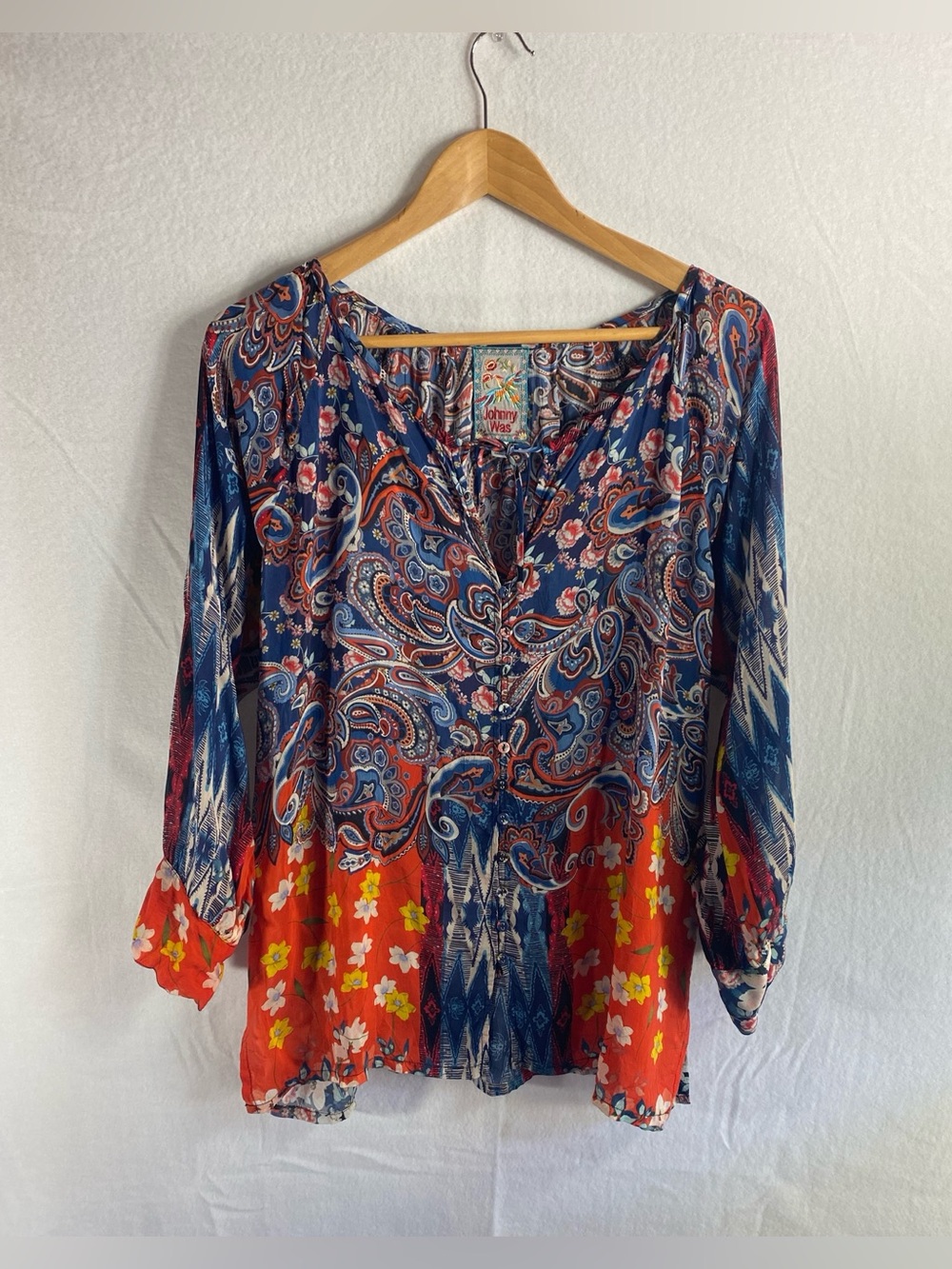 Johnny Was Floral Paisley Boho Lunamo Ingrid Top Women's Blue Red Blouse Size S